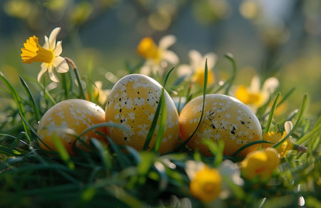Three yellow Easter eggs rest amongst daffodils in a vibrant spring meadow. A beautiful scene celebrating the Easter holiday.の写真素材