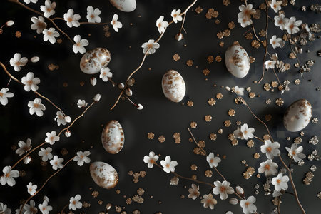 A stylish flatlay of gold-accented Easter eggs and delicate cherry blossoms on a dark background. An artistic and elegant composition.の写真素材