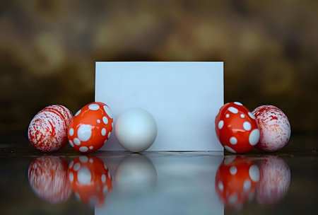 Close-up of painted Easter eggs next to a blank white card. A studio shot with reflections.