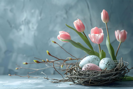 Pink tulips surround speckled Easter eggs nestled in a rustic bird's nest. A serene spring scene.