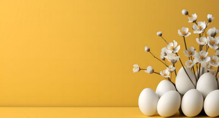 White eggs nestled amongst delicate white blossoms against a yellow backdrop. A minimalist Easter image.の写真素材