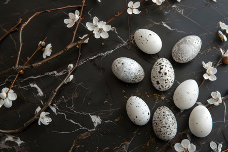 Stylish Easter eggs and delicate white blossoms arranged on a dark marble background. A springtime...