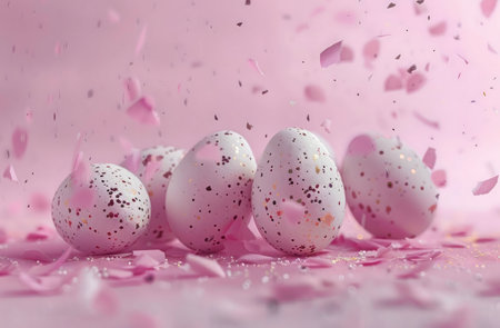 Pink speckled Easter eggs surrounded by falling confetti, celebrating spring.の写真素材