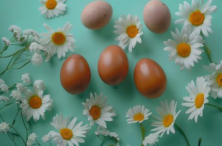 Brown Easter eggs nestled amongst vibrant white daisies on a teal background. A springtime scene celebrating Easter.の写真素材