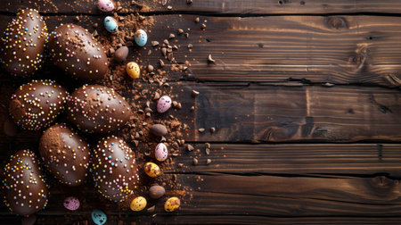 A delightful arrangement of chocolate Easter eggs with sprinkles on a rustic wooden surface.