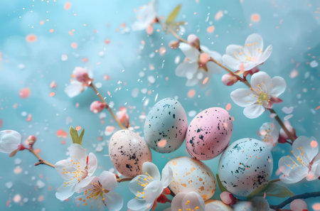Pastel Easter eggs surrounded by delicate spring blossoms. A beautiful image celebrating the arrival...
