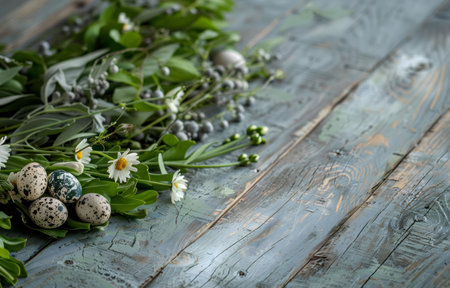 A delightful Easter arrangement featuring speckled quail eggs nestled amongst delicate daisies and lush greenery on a rustic wooden surface.の写真素材