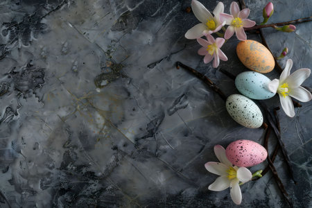 Pastel Easter eggs and delicate spring blossoms arranged on a dark gray textured background.