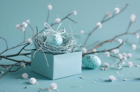 A light blue speckled egg sits in a tiny nest inside a pastel blue gift box, adorned with delicate...