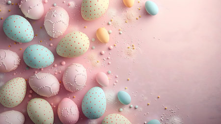 Pastel colored Easter eggs on a pink background with sprinkles. Perfect for spring celebration!の写真素材