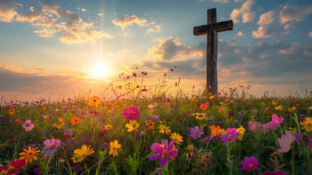 A wooden cross stands in a field of colorful wildflowers at sunset. The scene evokes peace and tranquility.の写真素材