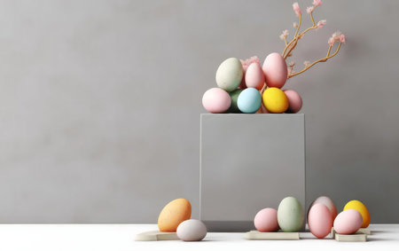 Pastel colored Easter eggs arranged on a gray cube with delicate spring branches. A minimalist and festive springtime scene.の写真素材
