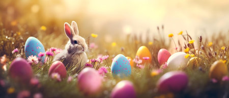 A charming Easter bunny nestled amongst vibrant eggs and blooming flowers, capturing the essence of...