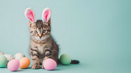 A charming kitten wearing bunny ears sits amidst pastel Easter eggs. Adorable and festive!の写真素材