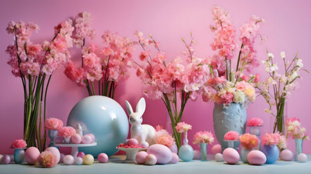 Pastel pink sweet peas, carnations, and colorful eggs create a delightful Easter scene.