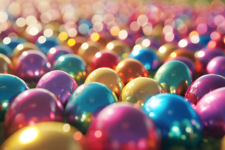 Shiny Easter eggs in vibrant colors create a cheerful and festive scene.の写真素材