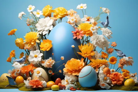 Pastel eggs nestled amongst a vibrant spring flower arrangement. Blue and yellow tones create a...