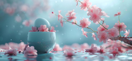 An egg nestled in delicate pink cherry blossoms inside a porcelain bowl, serene spring scene.