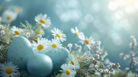 Three light blue speckled Easter eggs rest amongst blooming daisies in a soft spring meadow.