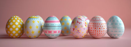 Row of pastel colored decorated Easter eggs. Festive spring holiday image.