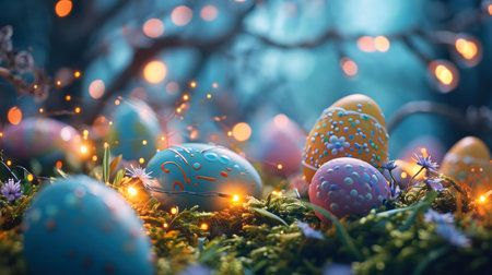 Beautifully decorated Easter eggs nestled in a mystical forest setting, illuminated by enchanting...