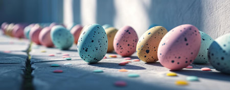 A line of pastel-colored Easter eggs sits on a stone path, surrounded by colorful candy. Springtime...