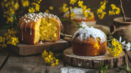 Two beautiful Easter cakes decorated with icing and flowers.の写真素材