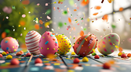Colorful Easter eggs decorated with confetti on a wooden table. A joyful spring celebration.の写真素材