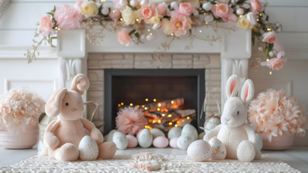 Adorable plush bunnies sit by a fireplace decorated with pastel Easter eggs and delicate spring flowers.の写真素材