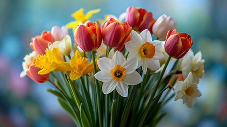 A stunning close-up of a spring bouquet featuring vibrant tulips and daffodils.
