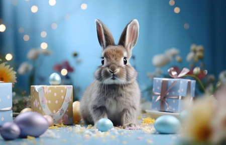 A charming Easter bunny surrounded by pastel-colored eggs and gifts. A perfect image for celebrating springtime!の写真素材
