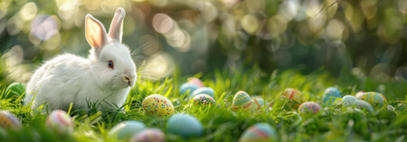 A charming white bunny sits amongst colorful Easter eggs in a vibrant green meadow. A perfect springtime image.の写真素材
