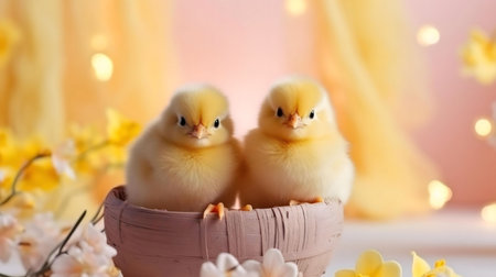 Two fluffy yellow chicks in a pink basket surrounded by flowers. A perfect springtime Easter image.