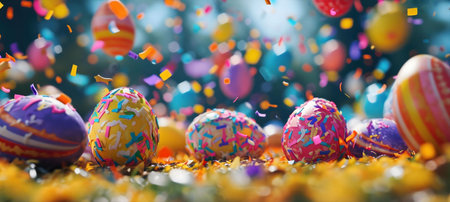 Colorful Easter eggs amidst a shower of confetti. A vibrant celebration of spring and Easter.