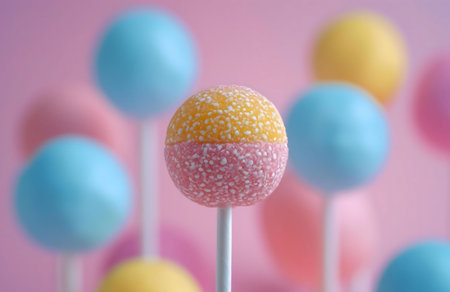 Close-up shot of a pastel cake pop, showcasing its delectable colors and texture. Surrounded by...
