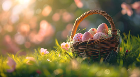 A wicker basket filled with pastel Easter eggs sits in a sunlit spring meadow.の写真素材