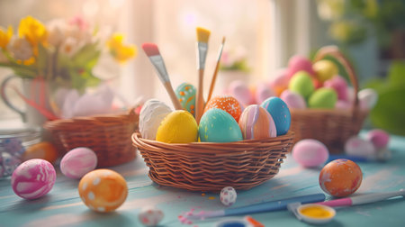 Colorful painted Easter eggs in a wicker basket, surrounded by spring flowers and painting supplies.