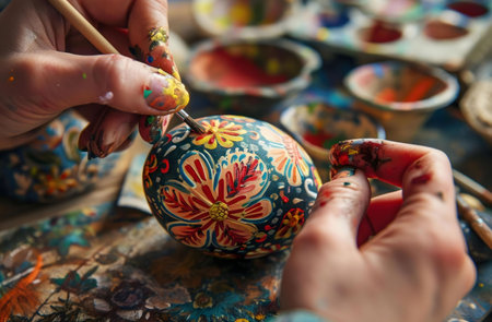 Close-up of hands meticulously painting an Easter egg with intricately floral designs. The vibrant colors and detailed work showcase the artist's passion and skill.の写真素材