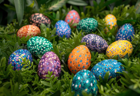 A delightful collection of intricately painted Easter eggs nestled amongst vibrant green foliage.