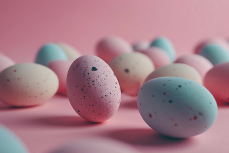 Close-up of pastel-colored Easter eggs on a pink background. Perfect for spring and Easter celebrations.の写真素材