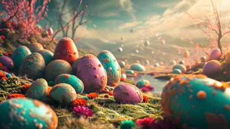 A digital painting of a fantastical valley filled with colorful, ornate Easter eggs, blooming...