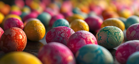 Close-up of many vibrant, intricately designed Easter eggs. A festive and joyful image perfect for...