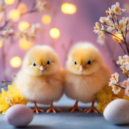 Two fluffy yellow chicks nestled amongst pastel blossoms and Easter eggs. A heartwarming spring...