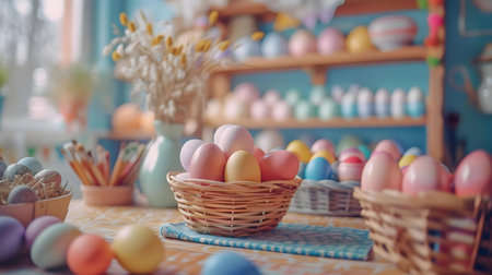 A delightful scene of pastel Easter eggs nestled in a rustic basket, showing spring's joyful spirit.
