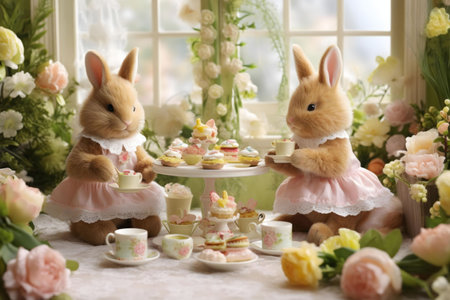 Two adorable bunnies dressed in pink enjoy a delightful tea party surrounded by beautiful flowers and delicious pastries.の写真素材