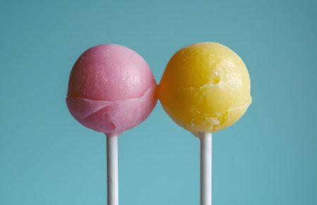 Two lollipops, one pink and one yellow, on a blue background. A delicious treat, perfect for a sweet...