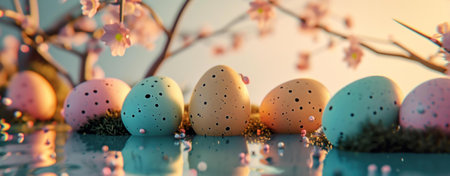 Five pastel Easter eggs rest on moss, reflected in water. Blossoming branches create a spring backdrop.の写真素材