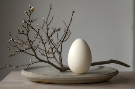 A single white egg rests on a simple plate amongst delicate flowering branches. Minimalist and...