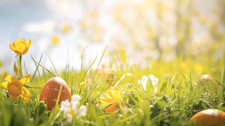 Easter eggs nestled amongst spring flowers in a sunny meadow.