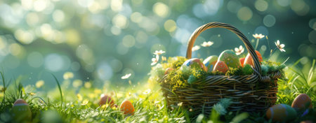 A wicker basket filled with colorful Easter eggs sits in a lush green meadow, surrounded by springtime flowers.の写真素材